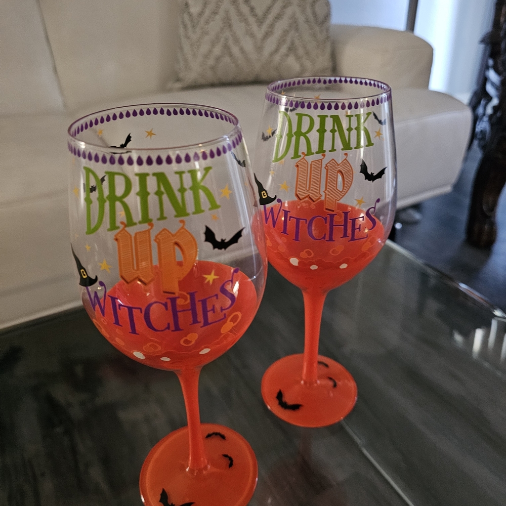Rare Vintage Pier 1 "Drink Up Witches" Set of 2 Wine Glasses - Picture 3 of 6